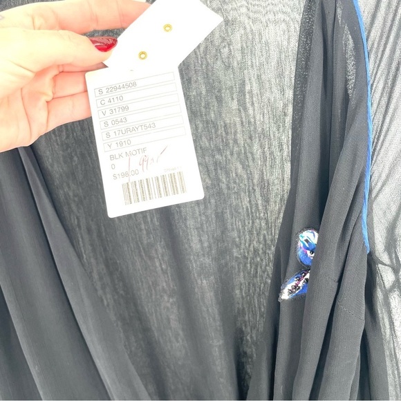 ANTHROPOLOGIE LEIFSDOTTIR NWT $198 Black Floral Sheer Tie Waist Beaded Wrap Top - Picture 6 of 8